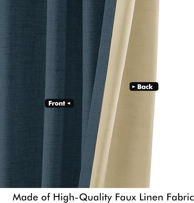 MIULEE 100% Blackout Linen Curtains for Bedroom, Navy Solid Luxury Decor Thermal Insulation Room Darkening Drapes for Living Room Back Tab Rod Pocket 42 x 63 Inches, 2 Panels