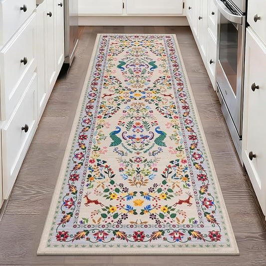 HEBE Washable Hallway Runner Rug 2'x 6' Non Slip Kitchen Rugs Runner,Low Pile Entryway Rug Laundry Room Mat Floral Carpet Runners for Hallways, Kitchen,Bathroom,Laundry,Bedside Rug