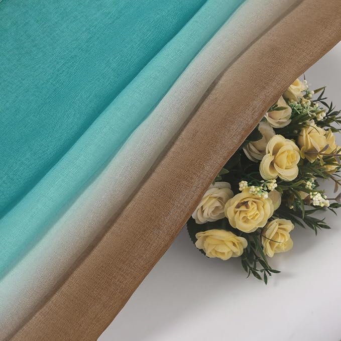 DWCN Ombre Sheer Curtains - Faux Linen Semi Voile Grommet Top Gradient Curtains for Bedroom and Living Room, Set of 2 Window Curtain Panels, 52 x 84 Inch Length（Teal and Chocolate Brown