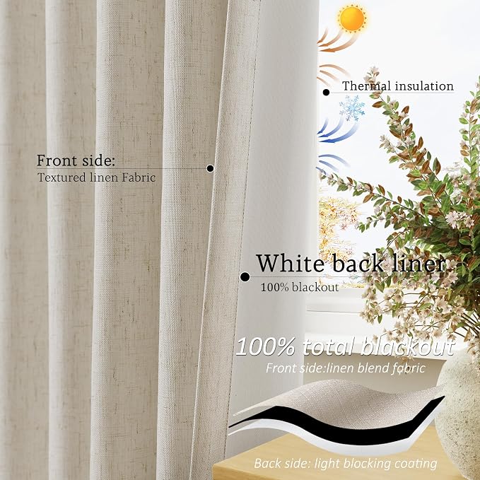 Jowels Grayish Brown Blackout Curtains 108 Length 2 Panels Set for Living Room Bedroom, 100% Black Out Thermal Insulated Linen Drapes, Room Darkening Grommet Curtains 108 Inches Long