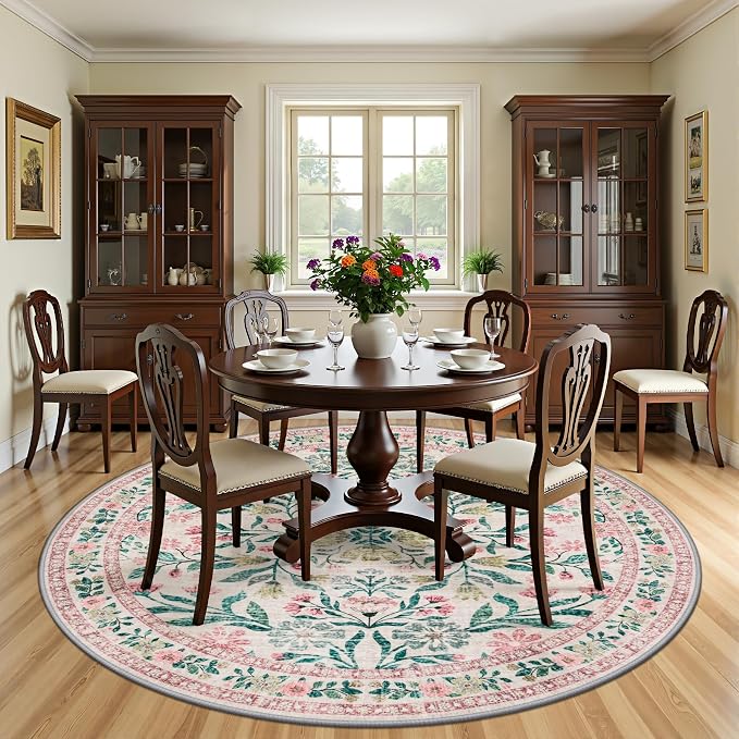 Round Area Rug for Living Room: 8 ft Floral Washable Circle Rug Soft Boho Non-Slip Carpet Indoor Floor Stain Resistant Low Pile Small Circular Rug for Bedroom Entryway Kitchen Nursery Pink/Green
