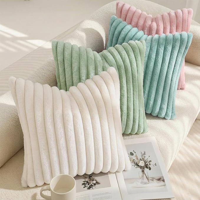 decorUhome Fall Cozy Faux Fur Throw Pillow Covers 16x16 Set of 2 Decorative Soft Plush Striped Modern Farmhouse Boho Couch Pillow Cases with Velvet Back for Sofa Bed Living Room, Pink