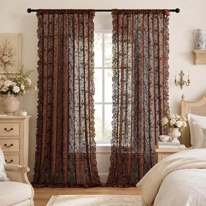 TUDECO Chocolate Brown Curtains 96 Inch Long, Bohemian Brown Pattern Curtains for Dining Room, Rod Pocket Ruffle Farmhouse Elegant Drapes for Living Room, Light Filtering & Privacy, 59W x 96L Inch