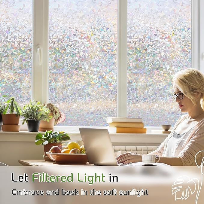 LUTE Window Privacy Film, Rainbow Window Film, 3D Decorative Stained Glass Cling, Non-Adhesive Vinyl Static Cling Removable Glass Stickers, Sun UV Blocking Decal Covering for Home, 17.5 x 118.1 inches