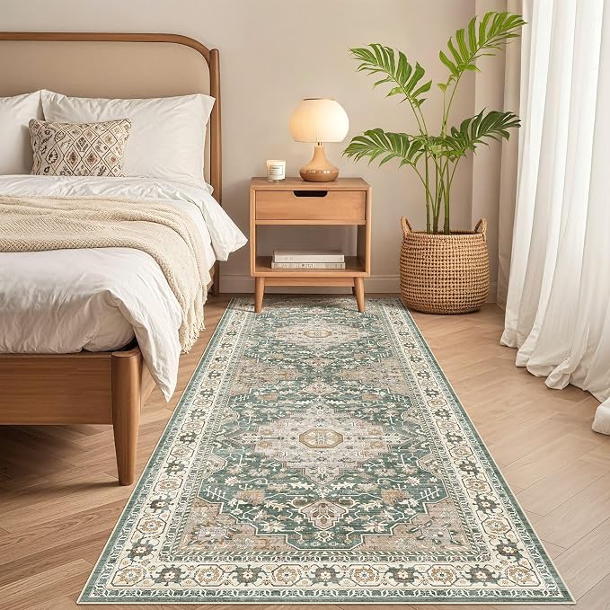 Runner Rug Kitchen Washable Rugs: 2x6 Non-Slip Abstract Soft Modern Stain Resistant Indoor Floor Neutral Accent Throw Carpet for Hallway Bathroom Laundry Room Entryway Bedroom- Green