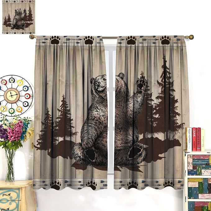 Bear Hunting Curtains Country Farmhouse Vintage Hunting Lodge Wildlife Funny Bear Wildlife Windows Treatments Rod Pocket for Kitchen Living Room Bedroom 42x45in（No Blackout）
