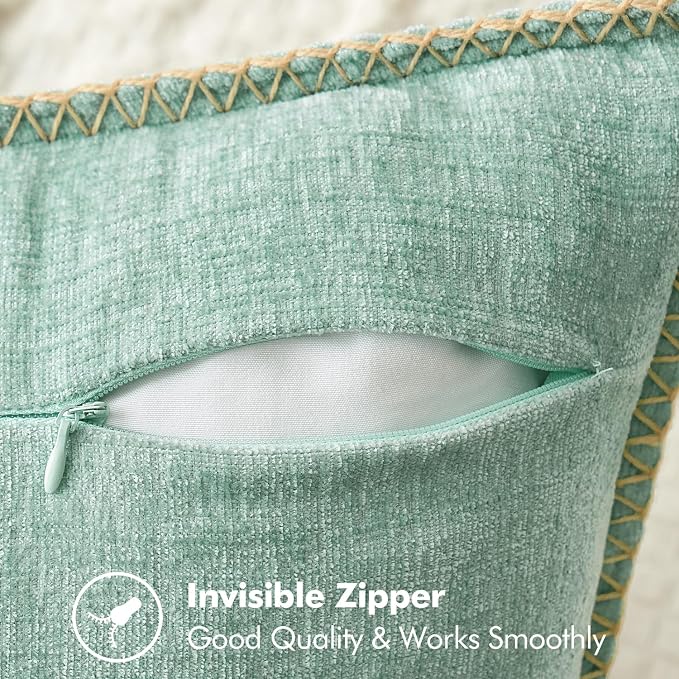 MIULEE Pack of 2 Summer Throw Pillow Covers 18x18 Inch Aqua Green Farmhouse Decorative Pillow Covers with Stitched Edge Soft Chenille Solid Dyed Pillow Covers for Couch Sofa Bed Living Room
