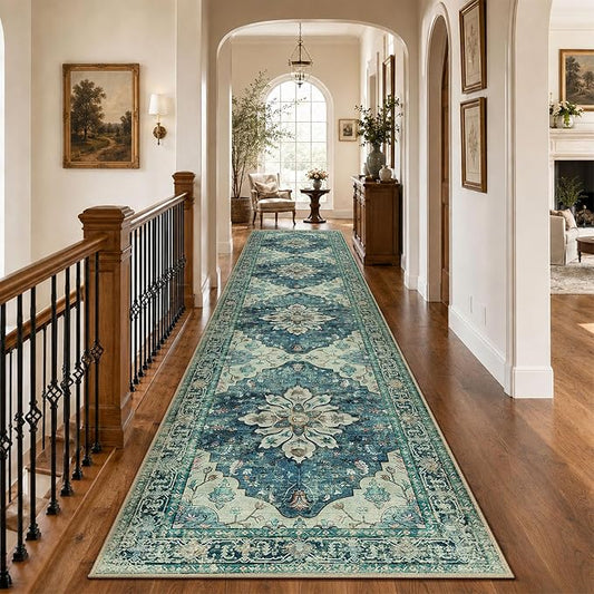 RELEANY Area Rugs Runner 3'x12' Washable Non-Slip, Floral Vintage Distress Medallion Carpet for Kitchen Hallway Bedroom Beside Laundry Room Bathroom, Dark Blue Vintage