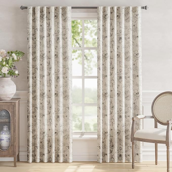 jinchan Linen Floral Curtains for Living Room 84 Inch Length Grey Flower Curtain Rod Pocket Back Tab Farmhouse Curtains with Printed Floral Bedroom Window Curtain Set, 2 Panels Gray