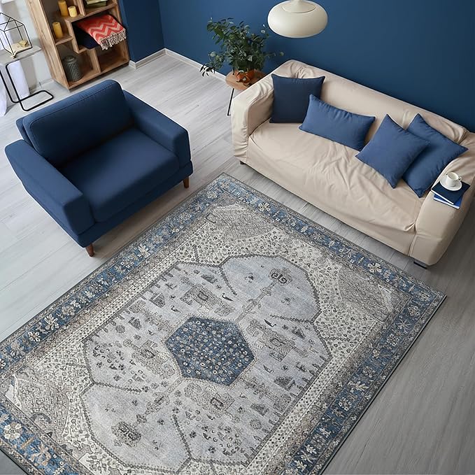 Keen Home Design 5x7 Rug - Machine Washable Area Rug with Non-Slip Backing, Ideal for Living Room, Dining Room, Bedroom - Vintage, Easy Clean, Durable, Low Pile Rug - (5' x 7')