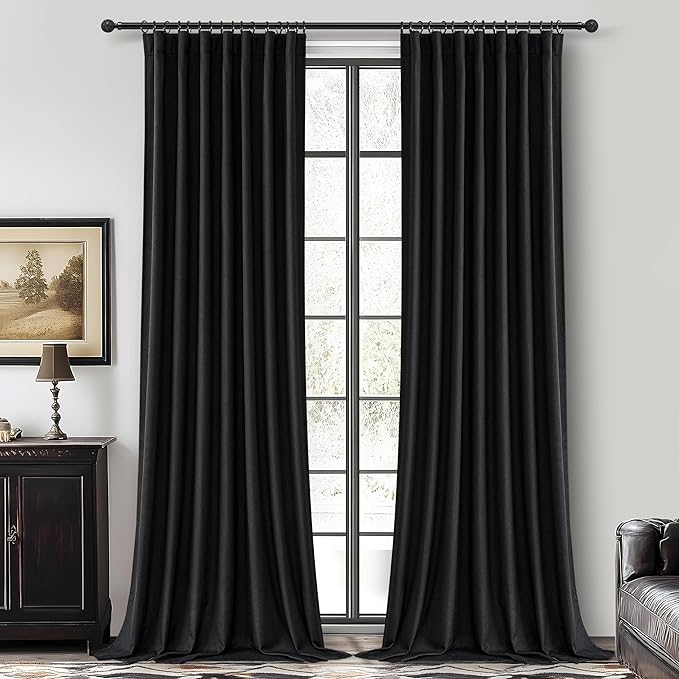 QJmydeco Black 144 Inch Extra Long Curtains for Living Room,Luxury Linen Blackout Ceiling Track Curtain Rod Pocket for Sliding Glass Doors Large Window Pleated Heavy Drapes 2 Panels Set (W50 xL144)