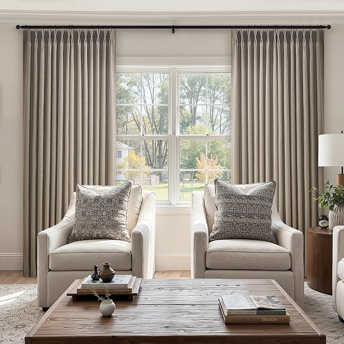 94 Inch Length Pinch Pleat Linen Curtains Drapes 2 Panels Set,Hooks Sense of Design Semi Sheer Elegance Window Curtains Living Room Bedroom,Half Price Drapes 94 inches Long Set of 2,Burlywood