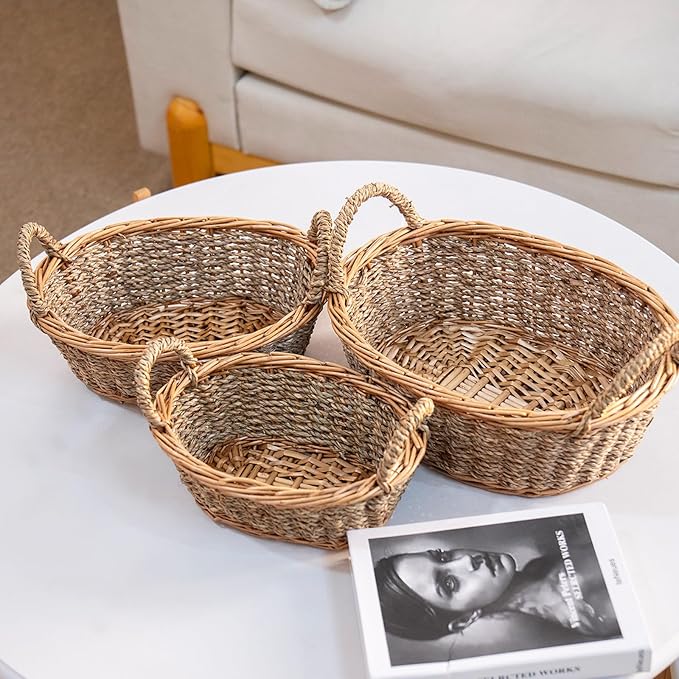 Natural Wicker & Seagrass Woven Storage Baskets Set of 3, Oval Handled Willow Baskets, Rattan Nesting Bins for Kitchen, Living Room, Bathroom & Pantry Organization