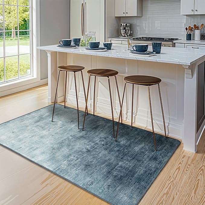 4x6 Washable Area Rug, Blue Solid Area Rugs for Living Room & Bedroom | Stain-resistant & Non-slip backing,Low Pile Washable Large Carpet, Solid Vintage Style For High Traffic Areas(4x6,Blue)