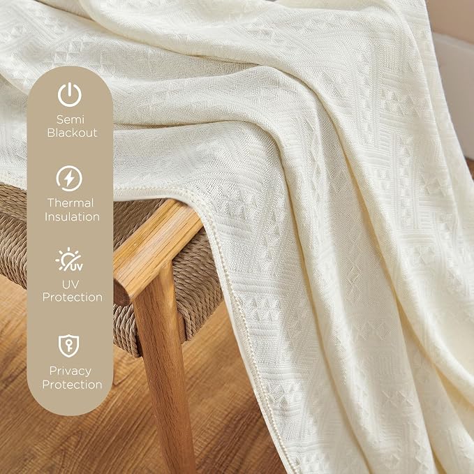 Joydeco Beige Boho Curtains 96 Inches Long 2 Panels, Super Soft Bohemian Farmhouse Curtains, Semi Sheer Light Filtering Drapes for Bedroom Living Room (Rod Pocket with No Tassels, 52Wx96L)