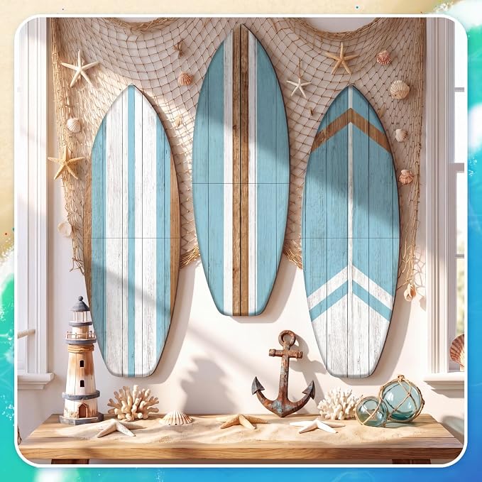 Yookeer 3 Pcs Surfboard Wall Decor,36" x 12" Large Wooden Coastal Beach Wall Decor Set, Aesthetic Cute Beachy Tropical Surf Board Art for Room Bedroom Decoration(Blue,Classic)