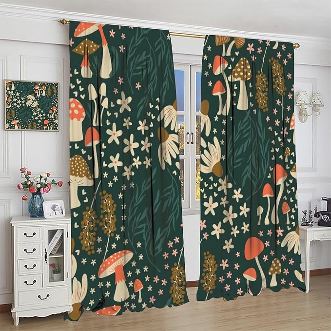 Woodland Mushroom Curtains, Rustic Fairytale Forest Natural Mushroom Flowers Plants Blackout Window Drapes for Farmhouse Kitchen Bedroom Livingroom, 42" W X 45" L