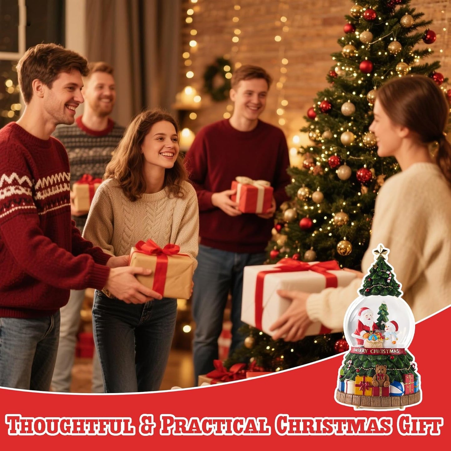 Musical Christmas Snow Globes Lantern with Christmas Tree, Santa Claus and Snowman, Glittering Lights & Snowfall - USB & Battery Powered Holiday Decor Gift for Home, Party, Family