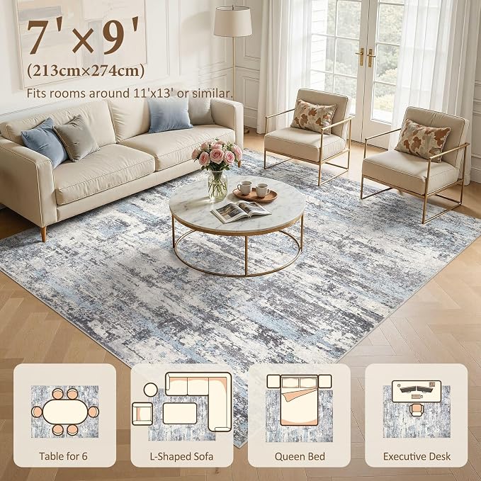 Area Rugs for Living Room: 7x9 Abstract Washable Rug Modern Neutral Large Soft Stain Resistant Non-Slip Backing Machine Table for Bedroom Dining Room Indoor Home Office Carpet - Blue Grey