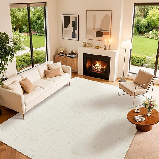 LIANLAM Washable Rug Area Rugs for Living Room - Stain Resistant Non-Slip Backing Boho Rug for Bedroom,Durable & Ultra-Thin Vintage Large Area Rug(5' x 7',White)