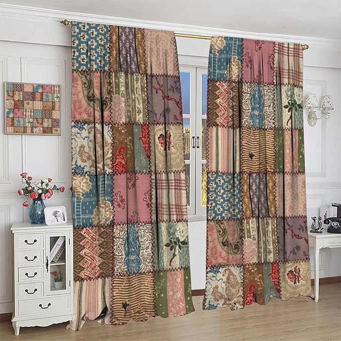 Patchwork Boho Blackout Curtains Colorful Vintage Bohemian Flower Pattern Window Drapes for Bedroom Living Room Kitchen Cafe （W21xL63 Inch） x2 Panels