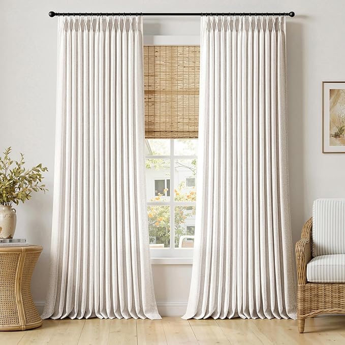 MIULEE Pinch Pleated Thick Linen Curtains 100 Inches Long 2 Panels for Living Room Bedroom, Pinch Pleat Drapes Back Tab Light Filtering Floor to Ceiling Semi Sheer Natural Farmhouse Window Curtains