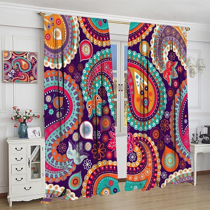 Paisley Blackout Curtains, Bohemian-Style Ethnic Tribal Print Window Treatments, for Bedrooms, Living Rooms and Kitchens.63X63 Inch