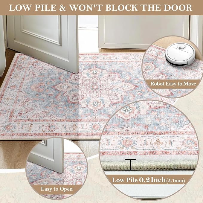 CAPALOCA Machine Washable Rugs Nursery Rug 6x9 Cute Girl Non Slip Low Pile Water Repellent Soft Print Pattern for Bedroom Indoor Decor Kids Playroom Pink Blue