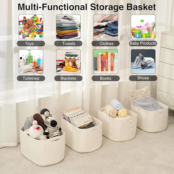 ICERZCZ Storage Baskets for Organizing & Shelves, Woven Cotton Rope Organization Bins for Dog Toys, Clothes, Books, Nursery Organizer, 15" Lx11''Wx9.5''H, (4 Packs) Off White