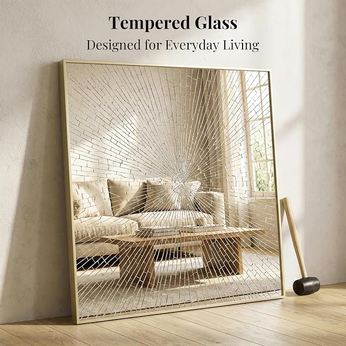 30"x30" Satin Gold Framed Square Bathroom Vanity Wall Mirror | Accent Wall Mirror, Square Geometric Look, Slim Metal Frame, Living Room or Entryway, Keyhole Mount, Tempered Glass