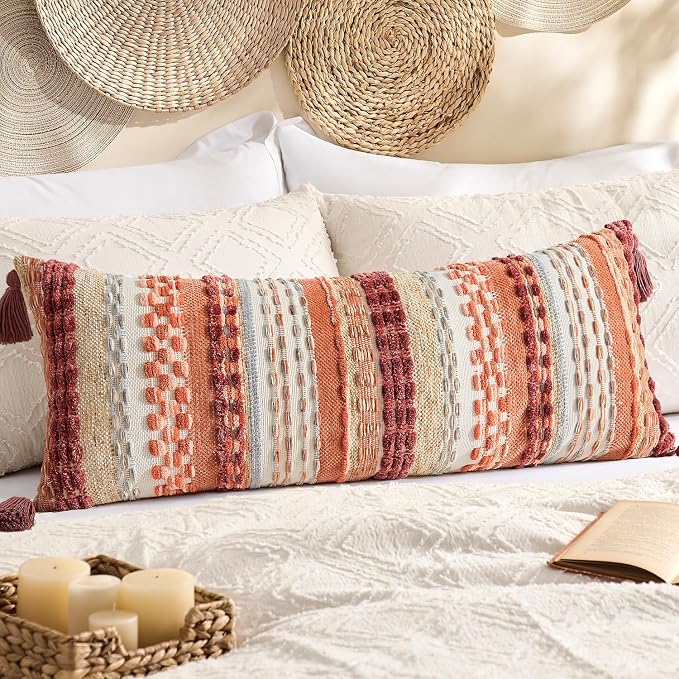 Kevin Textile 14x36 Inch Long Lumbar Pillow Cover 1 Pack Fall Boho Decorative Rectangle Cushion Case Throw Soft Chenille Thread Woven Tufted Textured for Living Room Couch Sofa Bed, Burnt Orange