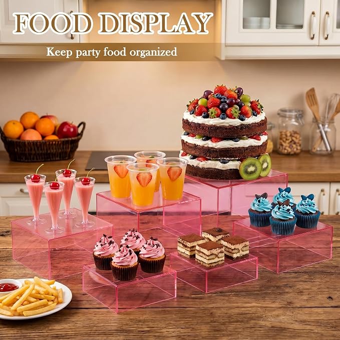 Geelin 6 Pack Acrylic Risers for Display Acrylic Cube Boxes Risers Display Stands with Hollow Bottoms Decorative Stand for Jewelry Candy Table Decor 6 Sizes (Clear Pink,7 to 12 Inch,Square)