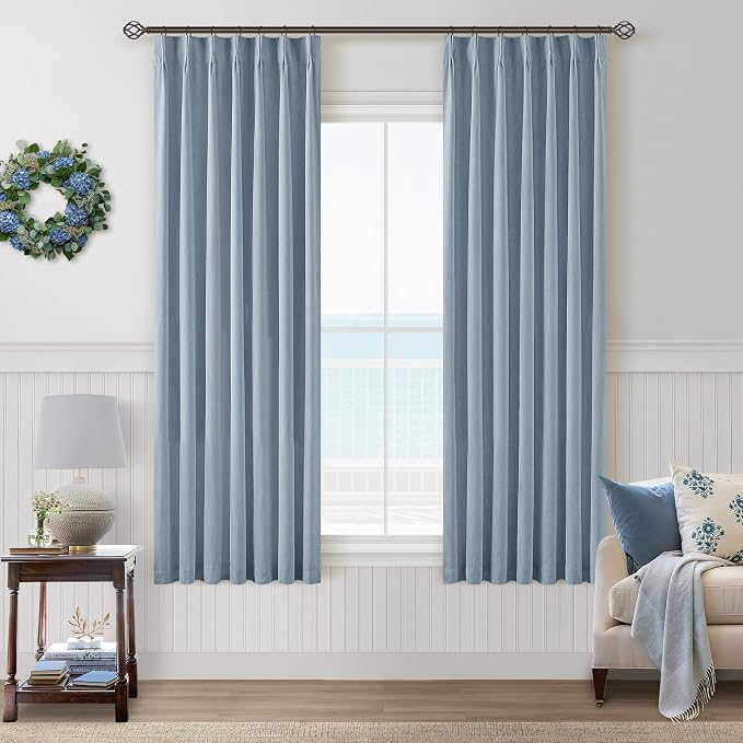 Dusty Blue Black Out Curtains 63 Inch Long for Bedroom Pinch Pleated with Rings Hooks Back Tab Thermal Insulated Short Linen Blackout Drapes Farmhouse Living Room Darkening Kitchen Curtains Grey Blue