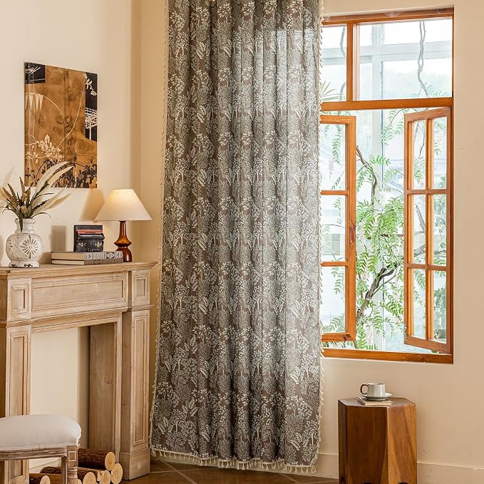 OYX Vintage Curtains 96 Inch, Farmhouse Curtain Botanical Drapes with Tassels, Linen Textured Light Filtering Semi Sheer Curtains for Living Room Bedroom,2 Panels,Rod Pocket, 52Wx96L