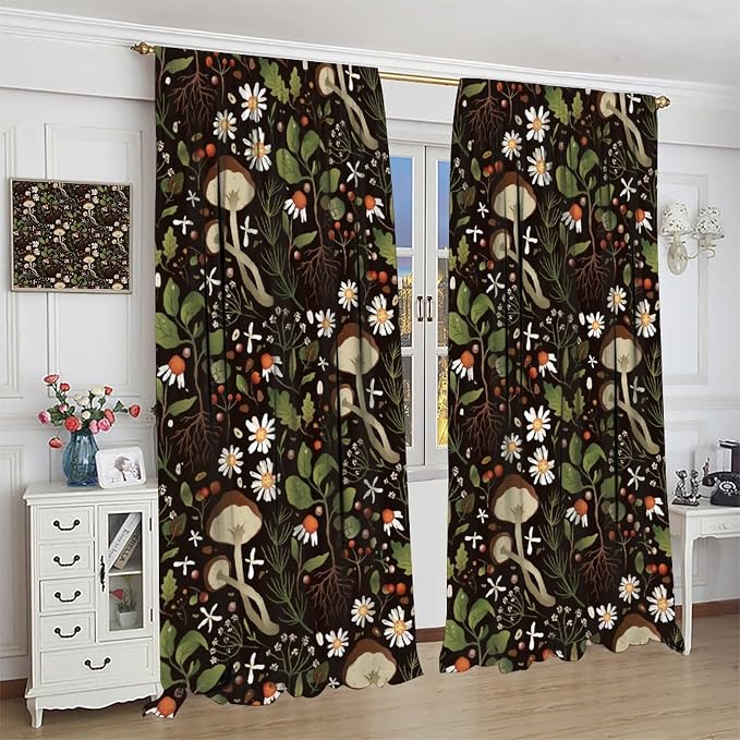 Mushroom Curtains,Green Plant Forest Botanical Print Window Treatments for Bedroom Living Room Kitchen Cartoon Herbs Floral Window Drapes 2 Panels Set,Total Size 42 x 63 Inch