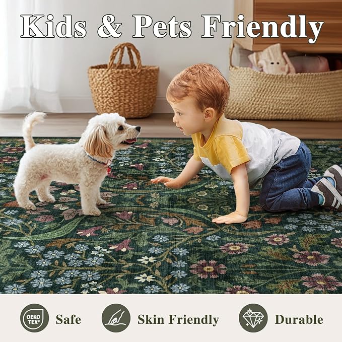2.6x8 Machine Washable Runner Rug, Kitchen Hallway Area Rug Green Vintage Boho Floral Ultra Non-Slip Low Pile Soft Faux Wool Carpet Kids and Pets Friendly for Bedroom Entryway Nursery Decor Rug