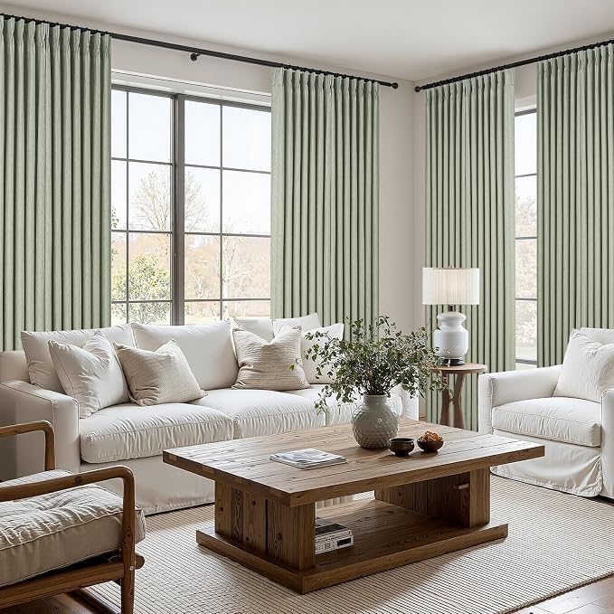 105 Inch Curtains 2 Panels Set,Two Packs Pinch Pleat Back Tab Linen Window Semi Sheer Privacy Thick Decorative Curtain Drapes for Living Room Bedroom,40x105 in Long,Sage Green