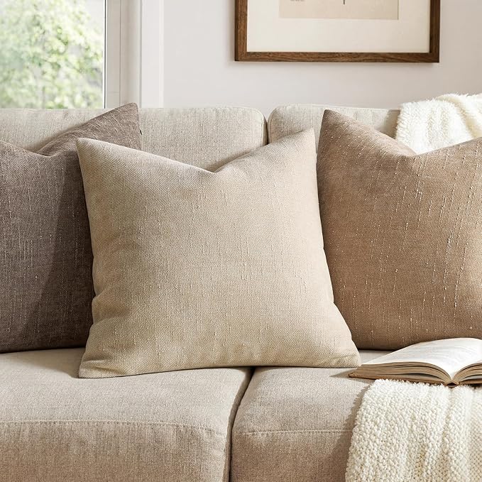 MIULEE Pack of 2 Decorative Throw Pillow Covers Soft Chenille Throw Pillows Solid Textured Cushion Covers for Couch Sofa Bedroom Living Room 18x18 Inch, Beige