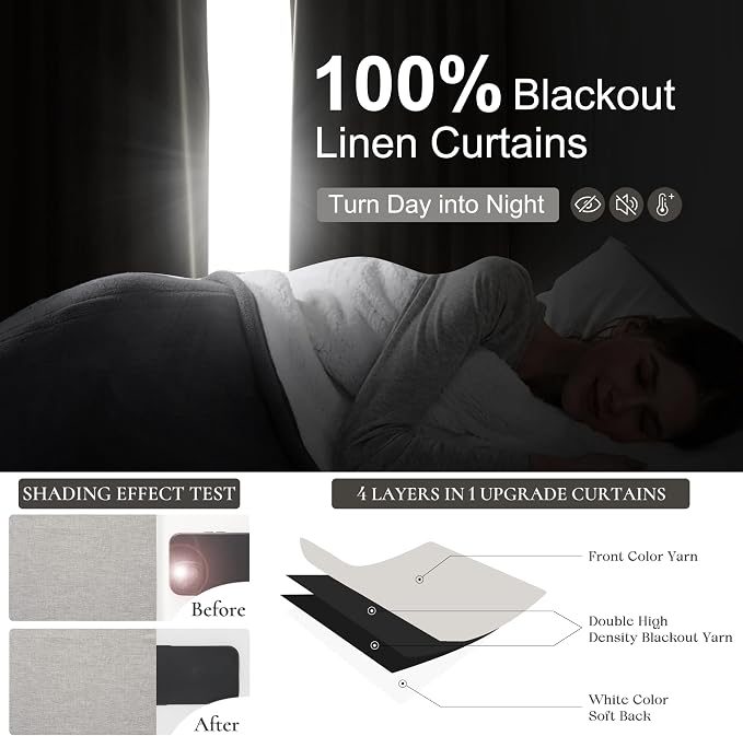 Natural Melange Taupe Blackout Curtains 102 Inch Long Flax Linen Curtain with Pleat Clips&Hooks Belt, Floor to Ceiling for Living Room Cooling Drapes for Summer Heat (50"W x 102"L x 2Panels)