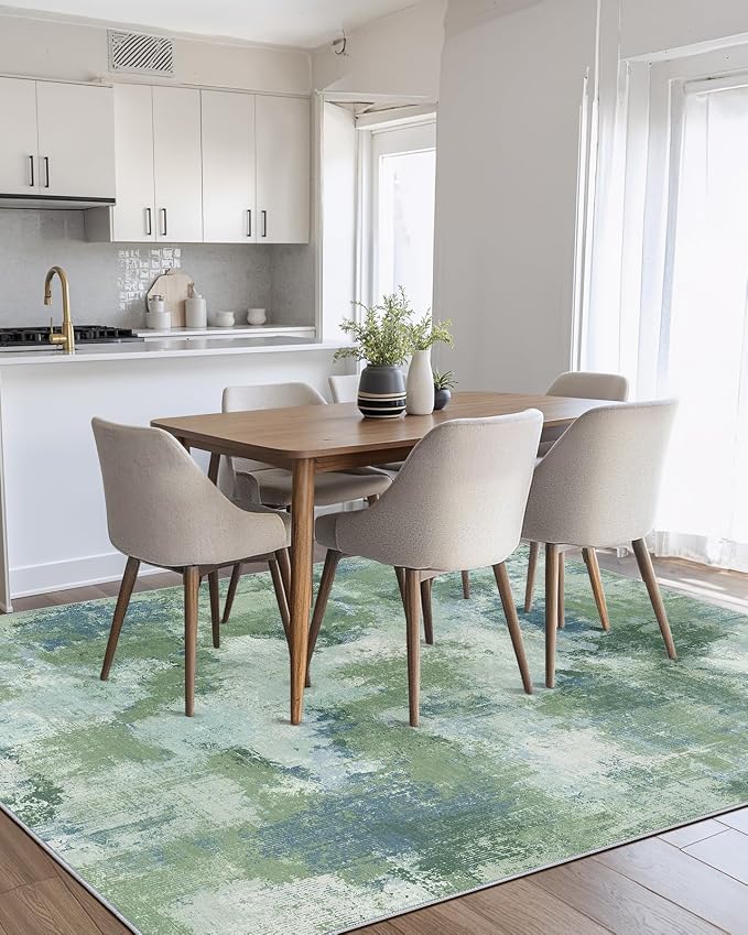AMADA HOMEFURNISHING 5x7 Area Rugs for Living Room, Modern Abstract Washable Rug Neutral Soft with Non-Slip Backing & Low Pile Kids Rug for Resistant, Bedroom, Nursery Home Office, Green
