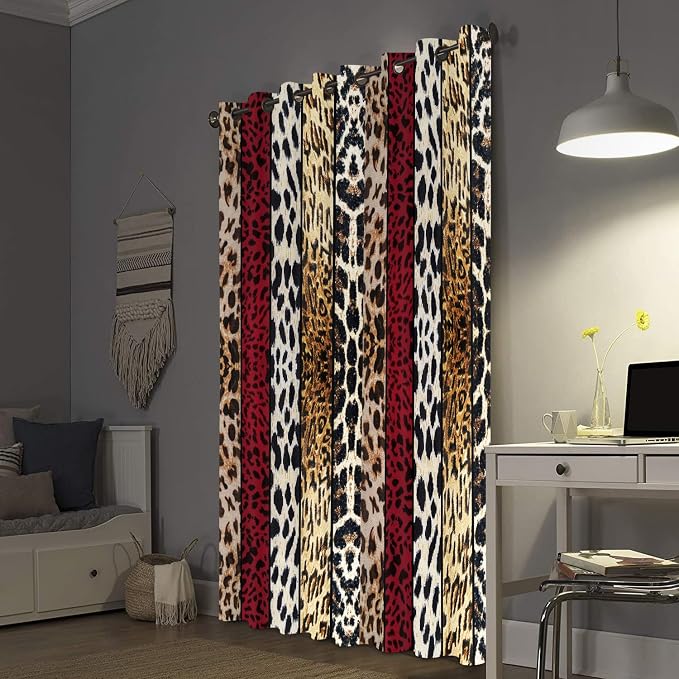 Wild Animal Print Curtain, Room Darkening Thermal Insulated Blackout Leopard Boa Window Drapes with Grommets for Living, Dining, Bedroom, Red Leopard Print, 42"x 96", 2 Panels
