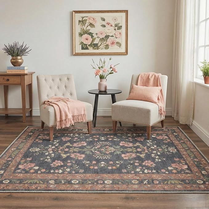 GENIMO 5x7 Area Rugs for Living Room, Machine Washable Non Slip Vintage Rugs, Low Pile Lightweight Chenille Print Rug for Bedroom, Dining Room, Home Office, Dusty Charcoal