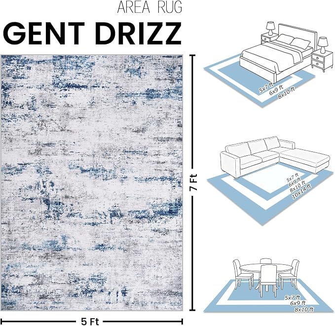 Area Rug Living Room Rugs: 5x7 Large Soft Indoor Carpet Modern Abstract Rug with Non Slip Rubber Backing for Under Dining Table Nursery Home Office Bedroom White Gray Blue