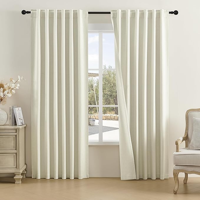 DUALIFE Greyish Beige Blackout Curtains 84 Inches Long for Bedroom Back Tab Rod Pocket Burlap Curtains Blackout Rustic Farmhouse Full Light Blocking Thermal Insulated Curtains 2 Panels 50x84 Inches