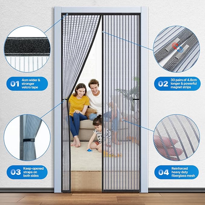 Heavy Duty Door Screen Magnetic Closure, LOVIGA Thickened Fiberglass Screen Door Mesh, Self Sealing, Tear Resistant, Easy Assemble, Fine Mesh Keep Bugs Out Fit Door Size 38 Inch X 95 Inch Black