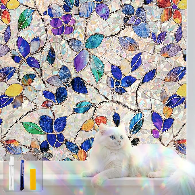 Stained Glass Window Privacy FilmDecorative Rainbow Static Clings -ldeal for Home &Office,Adhesive-Free,Removable, Uv-Blocking (Purple Rainbow, 35.4 X 157.4 in)