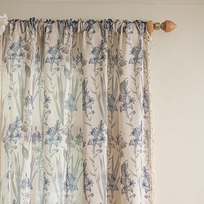 OYX Purple Floral 63 Inch Curtains for Bedroom, Semi Sheer Rod Pocket Vintage Boho Farmhouse Curtains, Light Filtering Short Window Panels 2 Piece Set for Living Room Kitchen