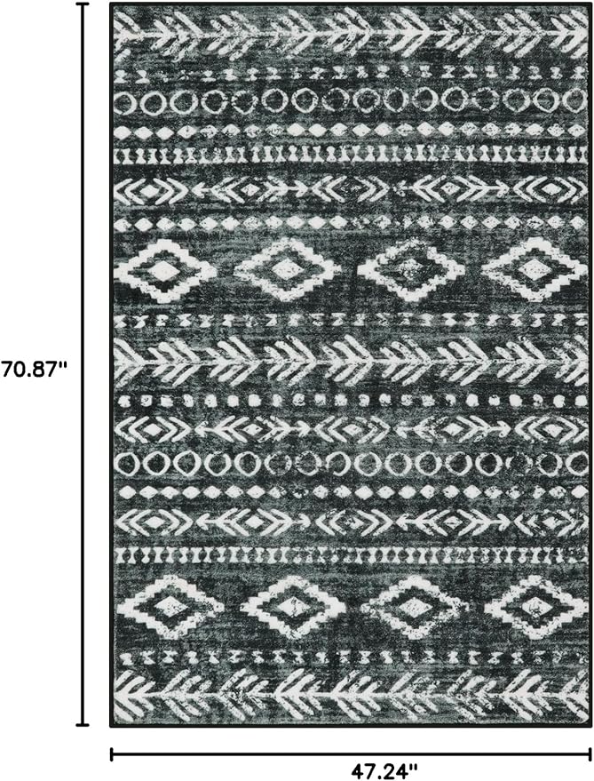 Lahome Boho Moroccan Kitchen Rugs, 4x6 Washable Black White Bedroom Area Rug Low-Pile Soft Office Rug, Non-Slip Tribal Print Pattern Large Entry Rug Indoor Carpet for Living Room Laundry