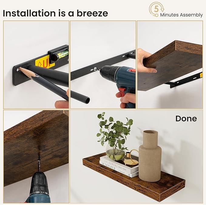 Fun Memories Floating Shelves for Wall, 36 Inch Long Set of 2 Rustic Wood Wall Shelves with Invisible Brackets, Heavy Duty Storage Display for Living Room Bedroom Kitchen, Brown