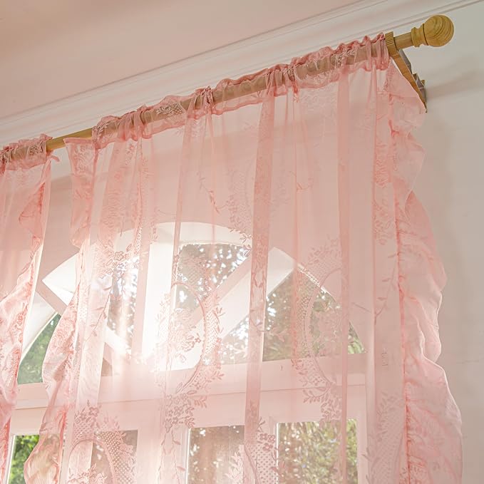 Sutuo Home Pink Lace Curtains 84 Inches Long 2 Set, Sheer Panels Rose Floral Embroidery Ruffled Vintage Voile Window Treatment Pair for Girl's Bedroom Living Room, Rod Pocket, W57 x L84